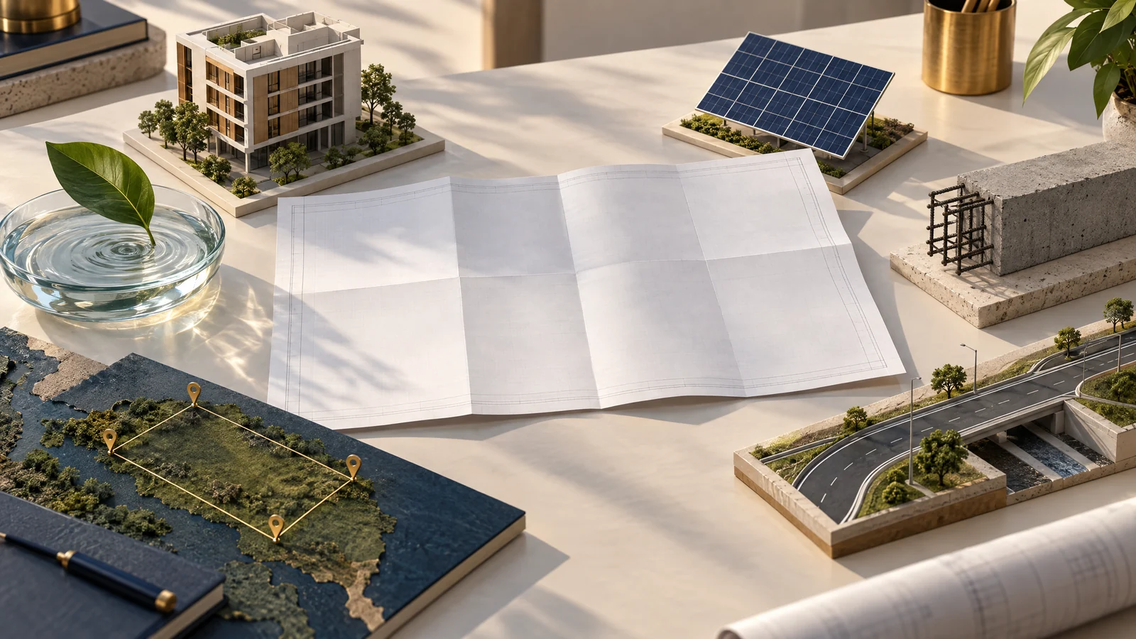 Ilustração conceitual com referências a edificação, meio ambiente, energia solar, incorporação e infraestrutura ao redor de um plano arquitetônico.