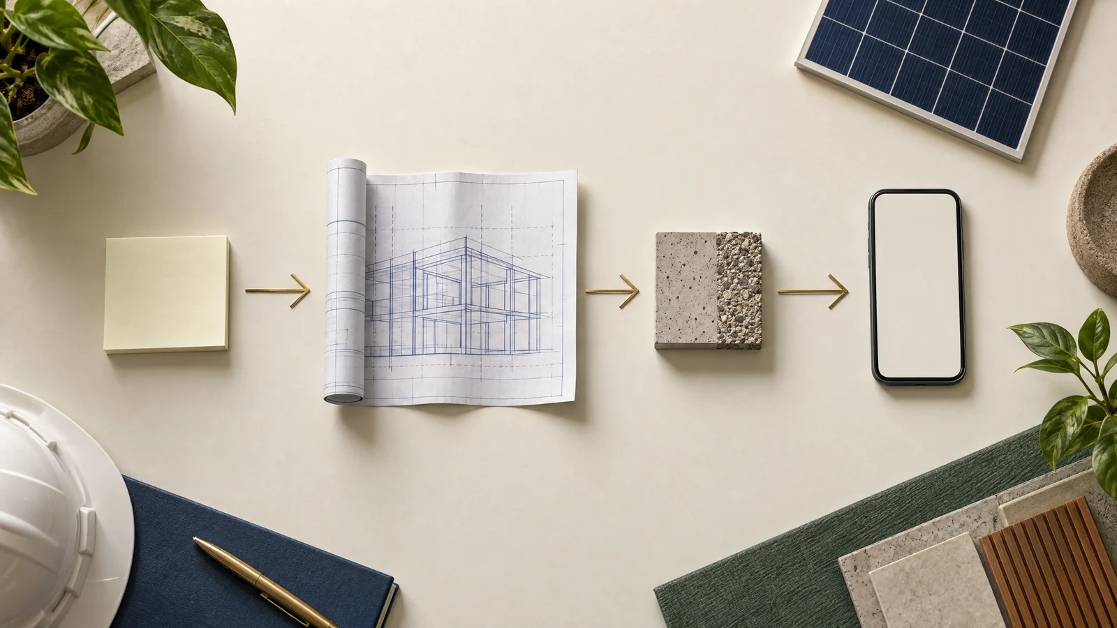Ilustração conceitual de uma sequência entre necessidade, desenho técnico, material de construção e contato digital, com referência a energia solar.